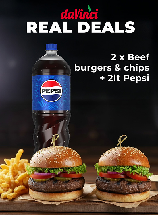 2 Beef Burgers, Chips & 2lt Pepsi R250