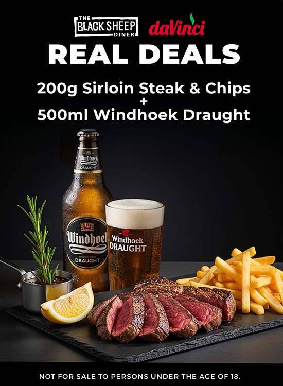 200g Sirloin Steak & Chips 500ml Windhoek Draught
