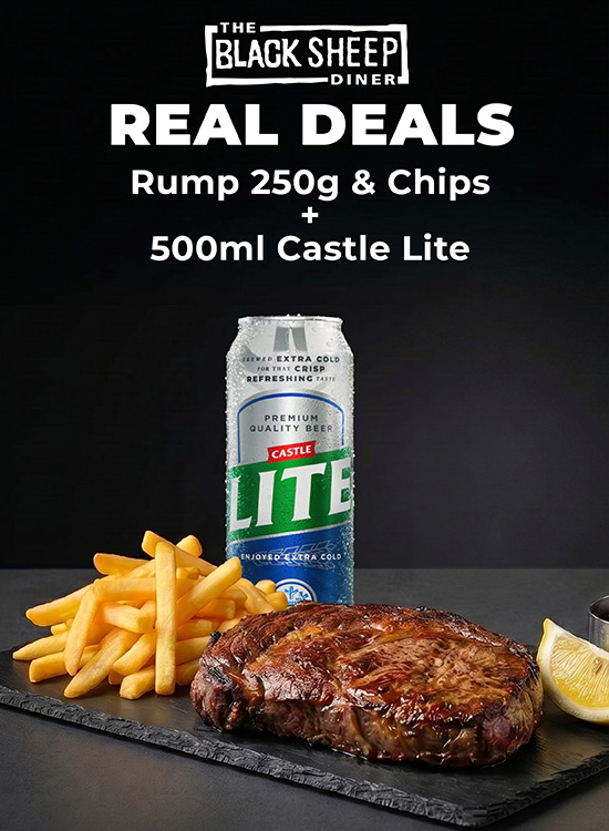 Rump 250g & Chips + 500ml Castle Lite R220